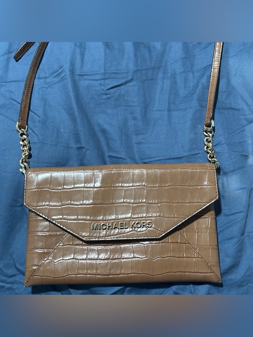 Michael Kors Brown Croc-Embossed Leather Envelope & Crossbody